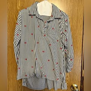 Blue and White Striped Blouse with Red Accents